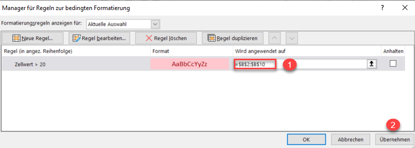 anwenden bedingter Formatierungen bearbeite Regel 1