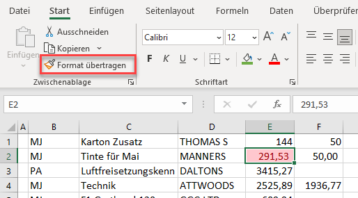 bedFormatierung Format übertragen Zelle auswählen