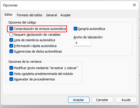 comprobacion sintaxis opciones del editor