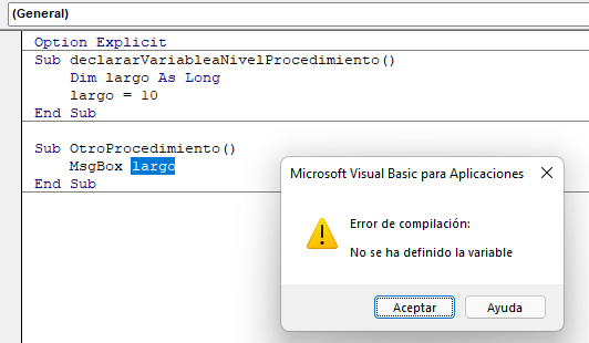 error llamar variable nivel procedimienot