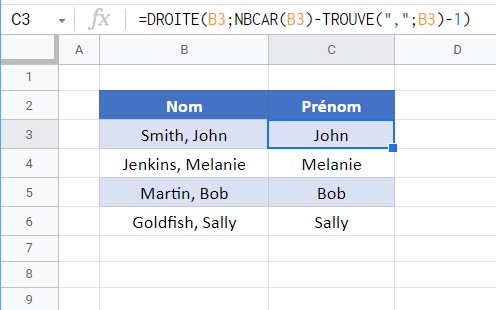 fonction trouve nbcar droite google sheets