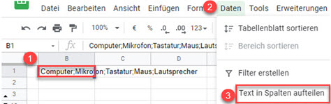 google sheets Text in Spalten