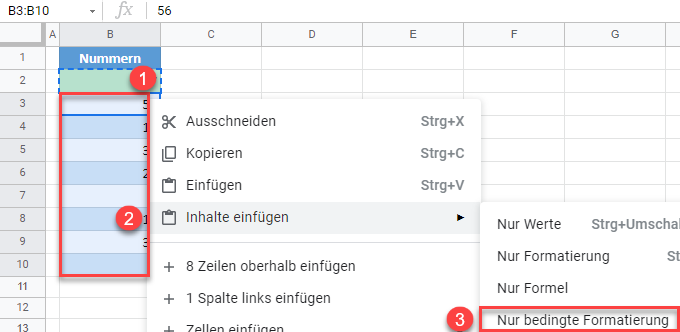 google sheets anwenden bedingter Formatierung auf mehrere Zeilen 1