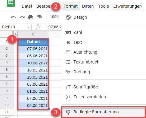 google sheets bedingte Formatierung Daten