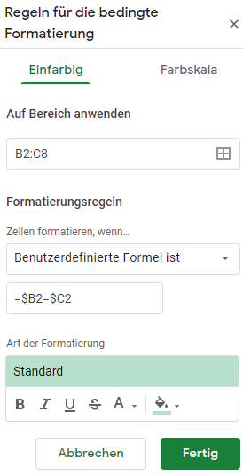 google sheets bedingte Formatierung basierend auf benachbarter Zelle 2