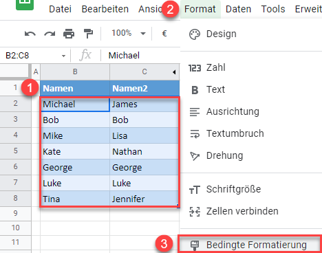 google sheets bedingte Formatierung basierend auf benachbarter Zelle