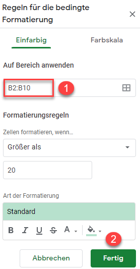 google sheets bedingte Formatierung bearbeiten Regeln 2