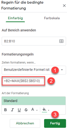 google sheets höchsten Wert hervorheben 2