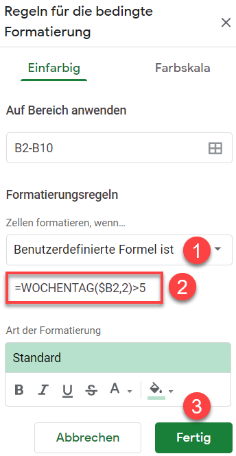 google sheets markiere Wochentag