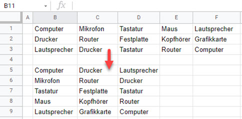 google sheets mehrere Zellen in mehrere Reihen fertig