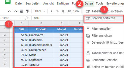 google sheets sortieren Range 1 2