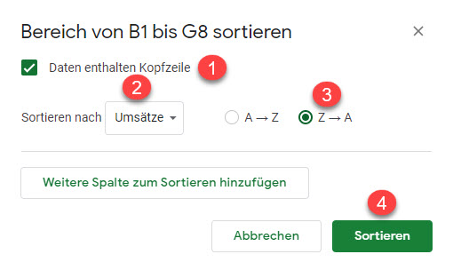 google sheets sortieren Range 2