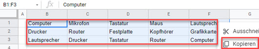 google sheets teile mehrere Zellen Transport Daten