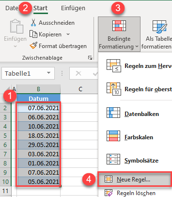 hervorheben von Daten zwischen Datumszeitraum