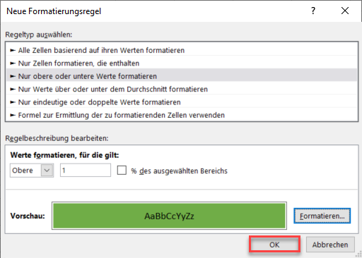 hoechsten Wert hervorheben bedingte Formatierung 4