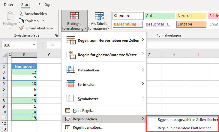 lösche bedingte Formatierungen Excel