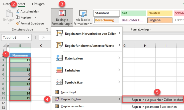 lösche bedingte Formatierungen ausgewählte Zellen 2