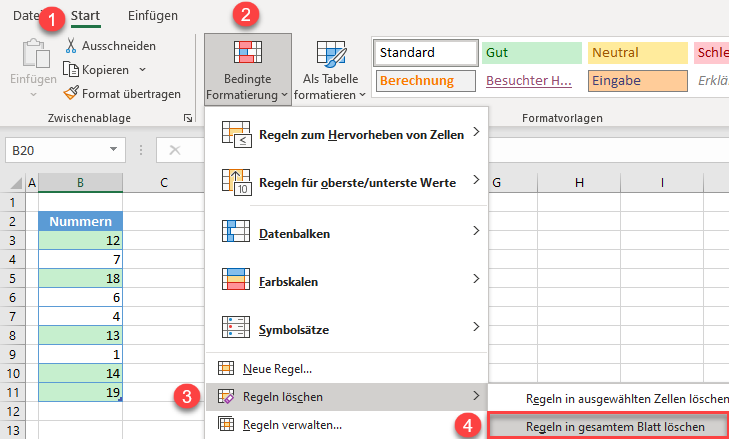 lösche bedingte Formatierungen gesamtes Blatt 2