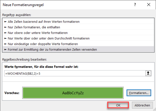 markiere Wochenenden Excel 2 1