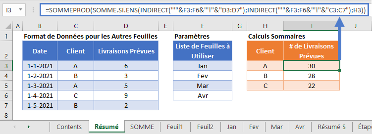 somme si ens plusieurs feuille formule résumée