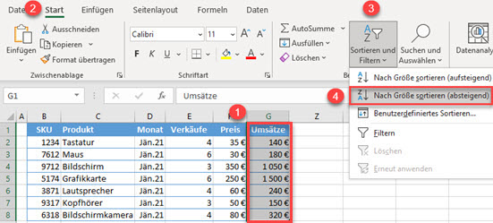 sortieren Daten Excel 1 2