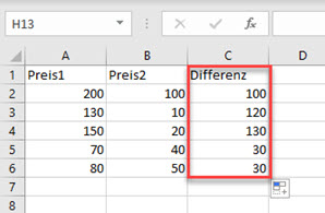 subtrahiere mehrere Zellen 10