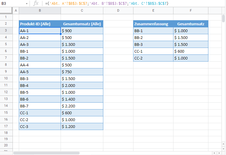 sverweis drei blaetter google sheets vertikal