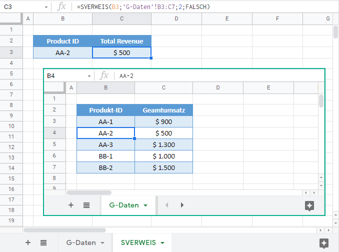 sverweis zwischen arbeitsblaettern google sheets