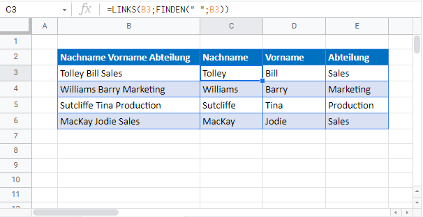 text zu spalten splitten formel google sheets