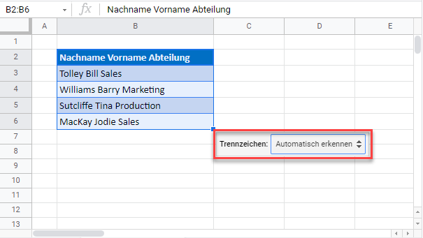 text zu spalten trennzeichen auswählen google sheets