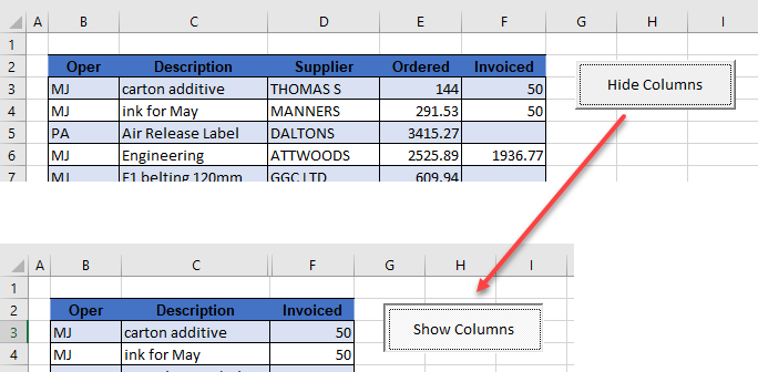 toggle button hidden columns