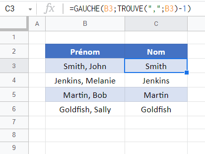 trouve et gauche google sheets