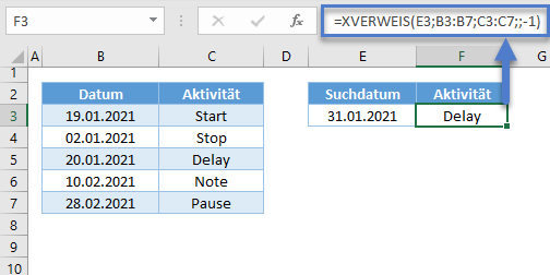 xverweis datum naechst kleineres element