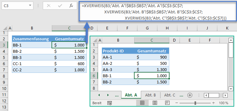 xverweis drei tabellenblaetter