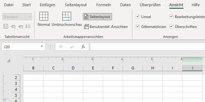 zeige das Lineal in Excel