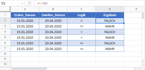 zwei daten vergleichen google sheets