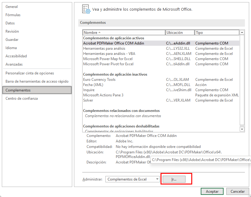 Addins colocar cinta opciones