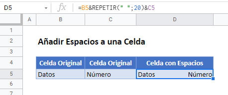 Añadir espacios a celda gsheets