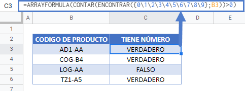 Contiene algún número gsheets