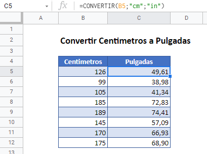 Convertir centrimetros a pulgadas gsheets