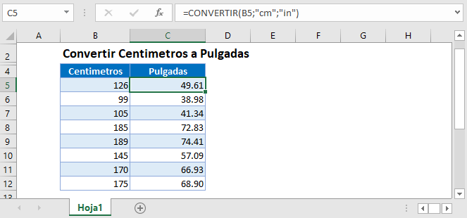 Convertir centrimetros a pulgadas