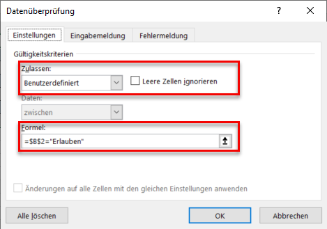 Datenüberprüfung Einstellungen