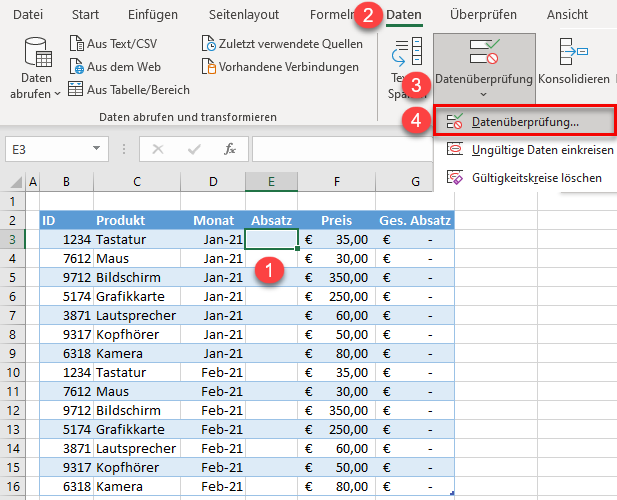 Datenüberprüfung erstellen Excel 2