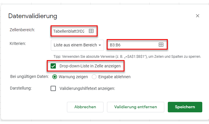 Dropdown BF GS Datenüberprüfung