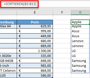 Dropdown Sortieren Bereich