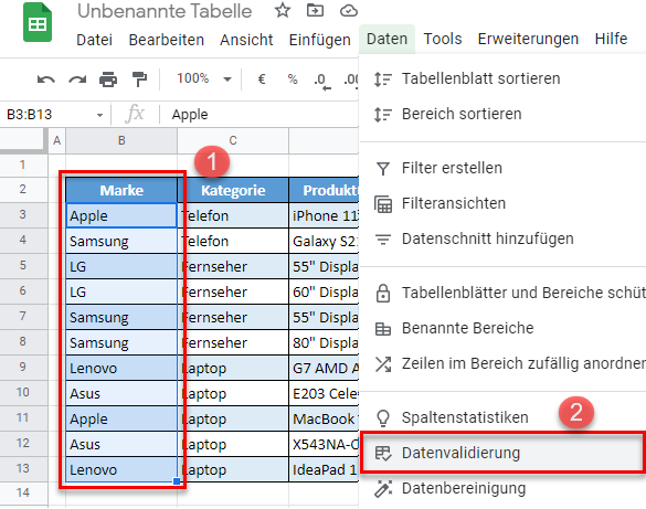 DropdownSortieren googlesheets Menü