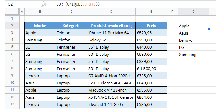 DropdownSortieren googlesheets Formel