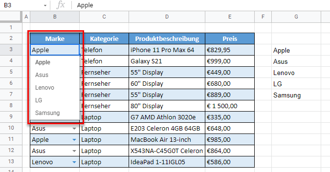 DropdownSortieren googlesheets fertig