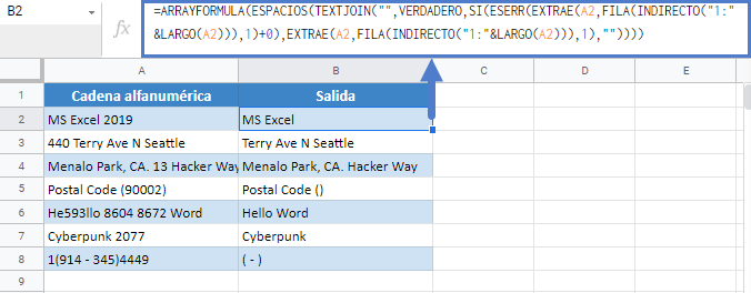 Eliminar números del texto en gsheets