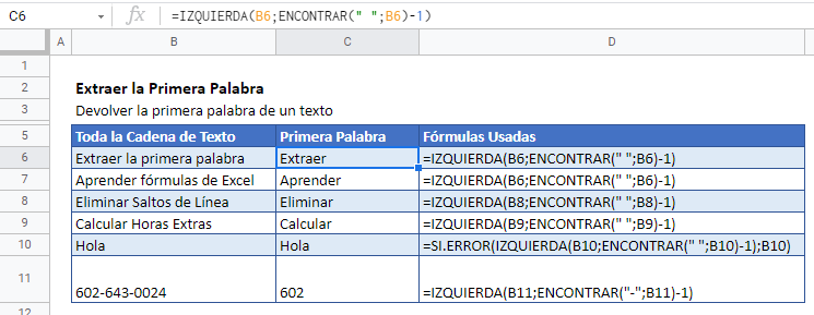 Extraer primera palabra gsheets